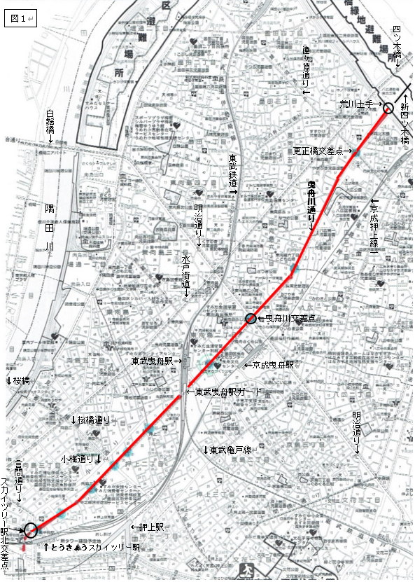 図1 曳舟川通り図(地図はすみだガイドマップより)